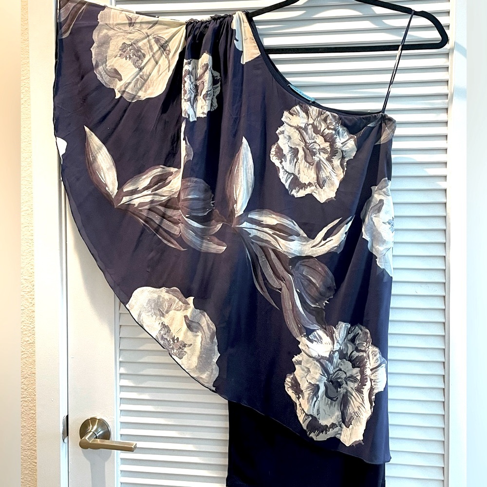 Alice+Olivia One Shoulder Silk Navy Floral Mini Dress